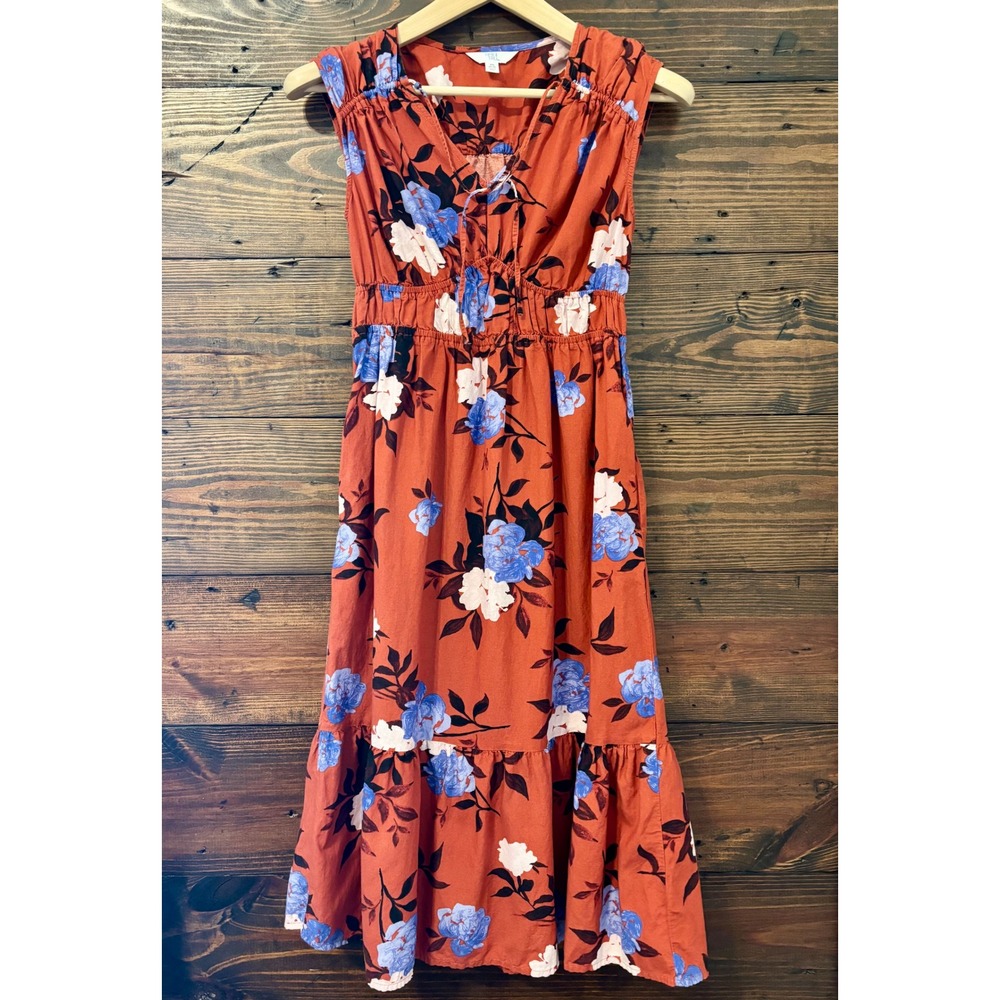 Floral Midi Dress Womens XS Rust Orange Boho Prairie Flowy Peasant Time and Tru